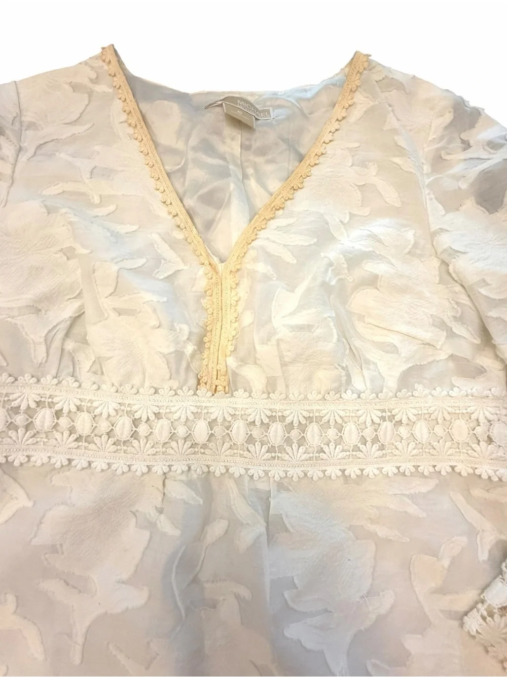 MICHAEL KORS Textured White Boho Lace V Neck 3/4 Sleeve Dress Women’s Size 6